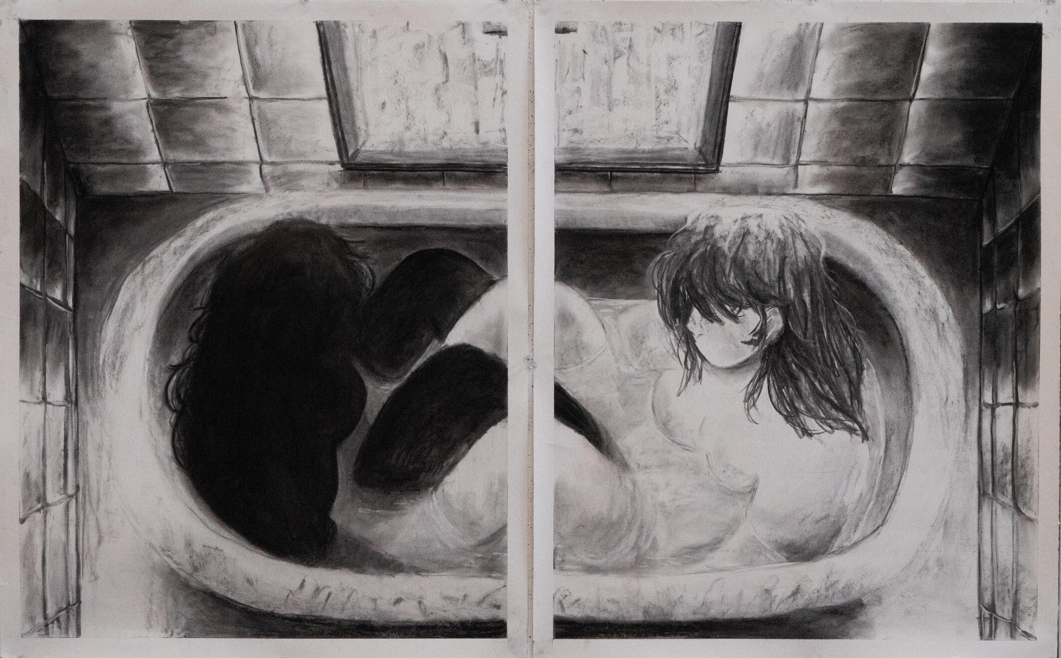 Re-Evaluate, 2025, Charcoal Diptych on Paper, Each 24" x 30"